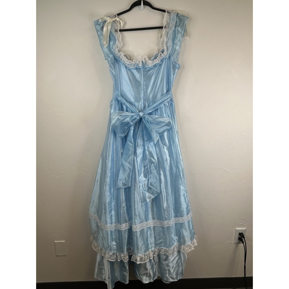 Vintage 70s Formal Blue Satin Gown Lace Trim Bows Princess Theatrical Costume - Picture 10 of 14